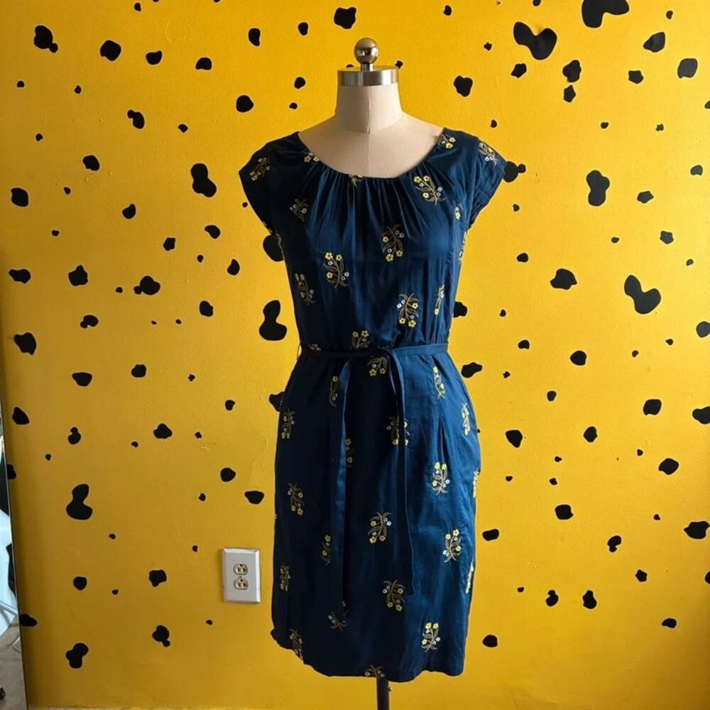Lands' End Navy Floral Belted Dress | Cottagecore | Academia | Preppy | Size 6